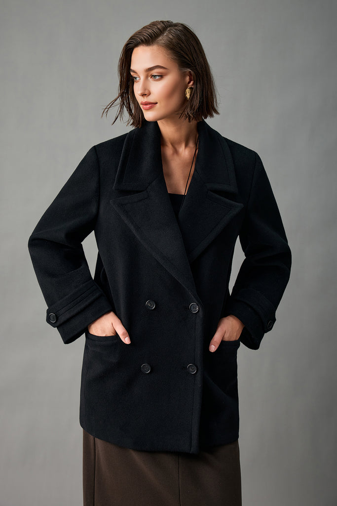 Handcrafted Cashmere Double-Breasted Belted Peacoat Black / XL Fibflx