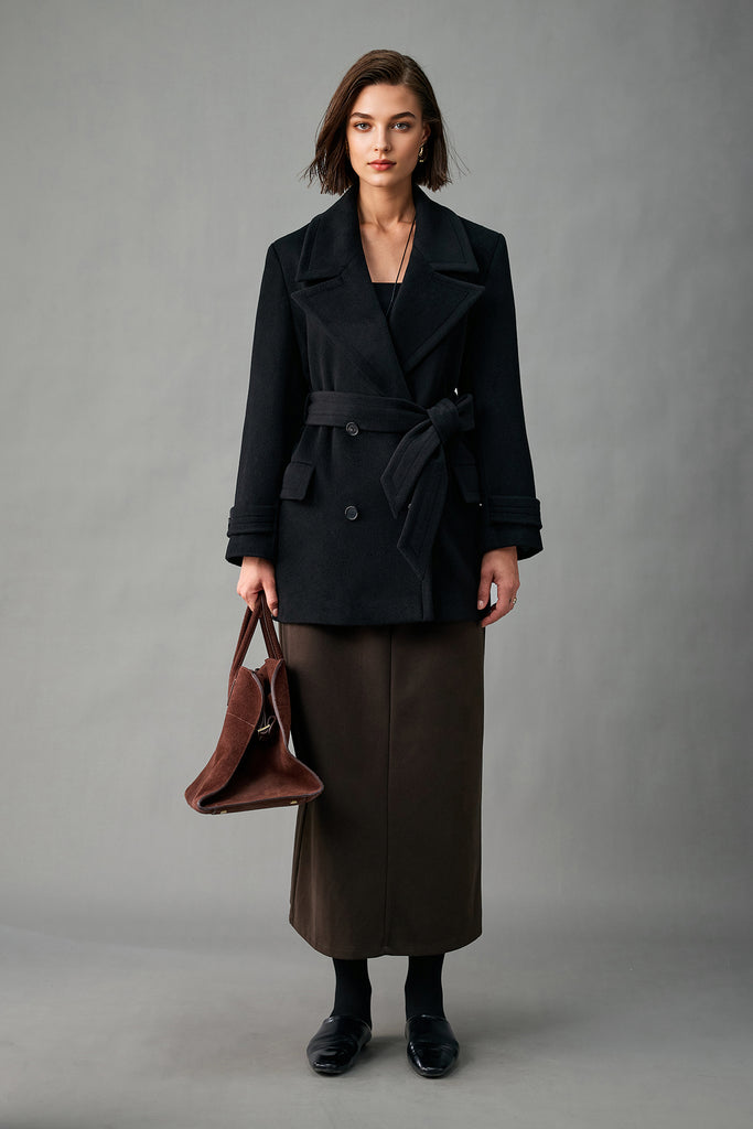 Handcrafted Cashmere Double-Breasted Belted Peacoat  Fibflx