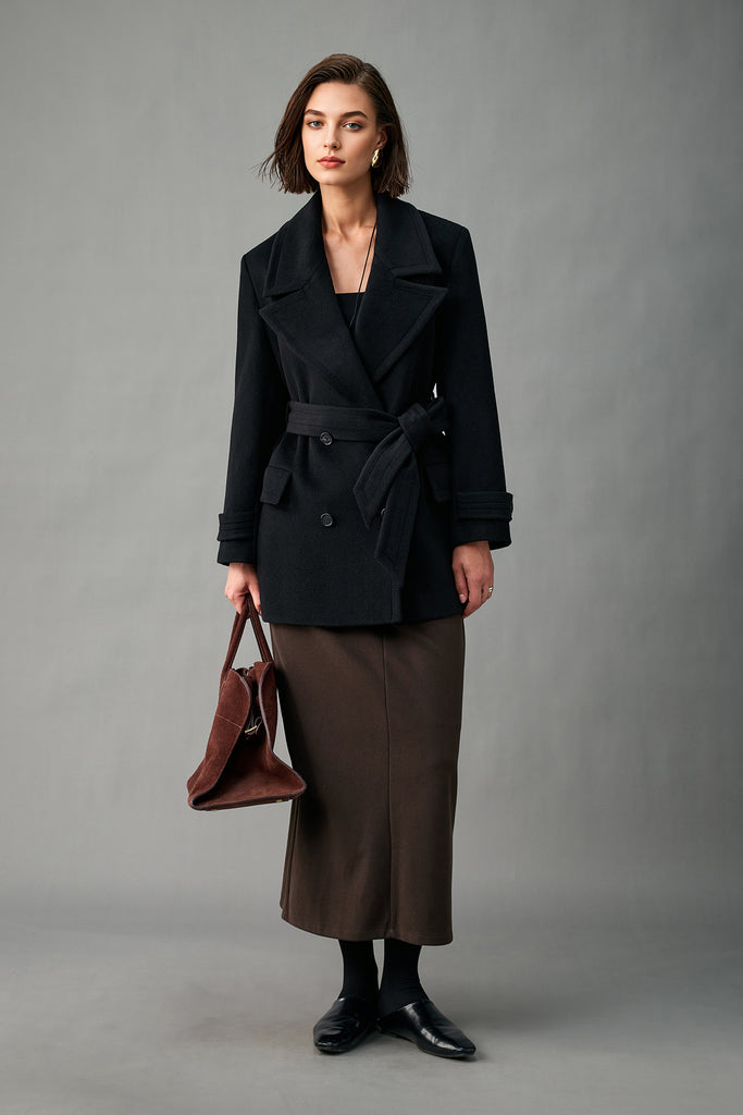 Handcrafted Cashmere Double-Breasted Belted Peacoat  Fibflx