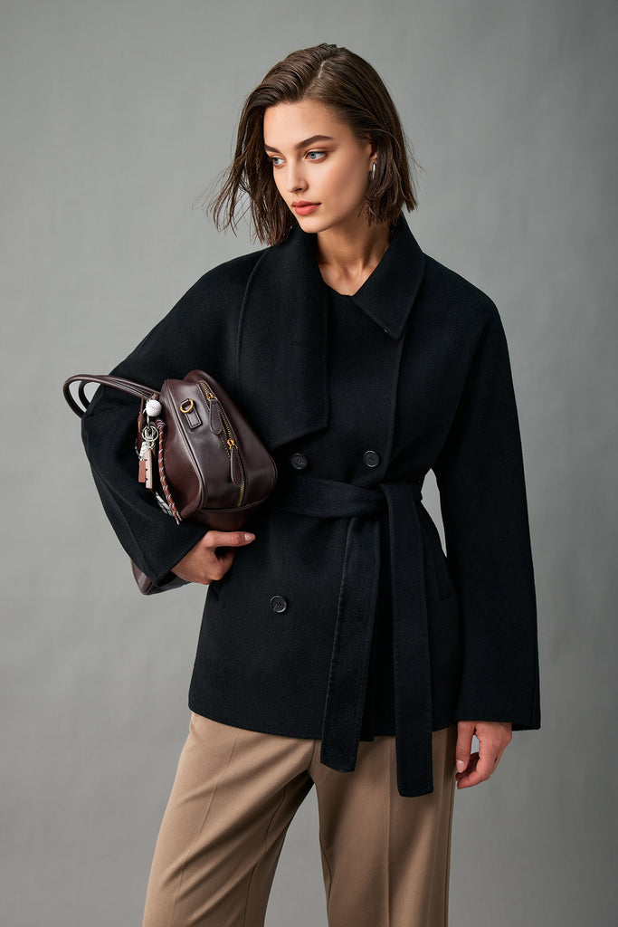 Handcrafted Cashmere Double-Breasted Short Belted Coat  Fibflx