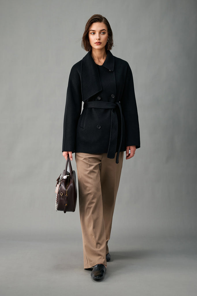 Handcrafted Cashmere Double-Breasted Short Belted Coat  Fibflx