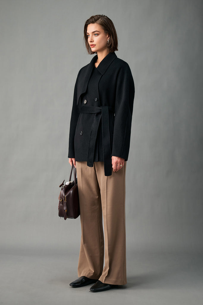 Handcrafted Cashmere Double-Breasted Short Belted Coat  Fibflx