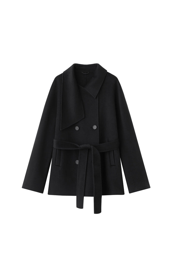 Handcrafted Cashmere Double-Breasted Short Belted Coat  Fibflx