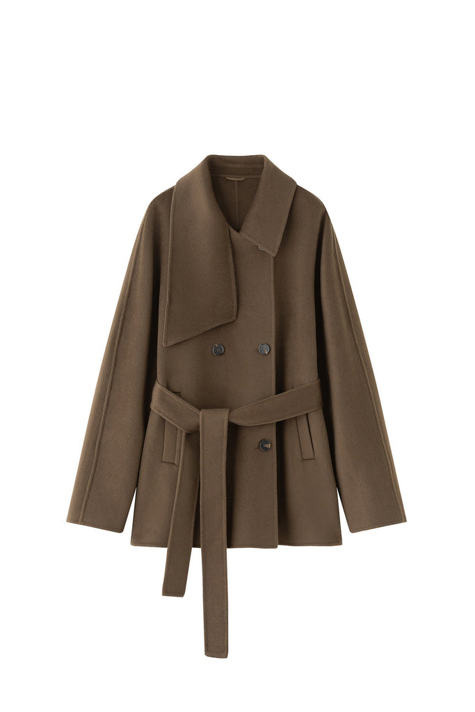 Handcrafted Cashmere Double-Breasted Short Belted Coat  Fibflx