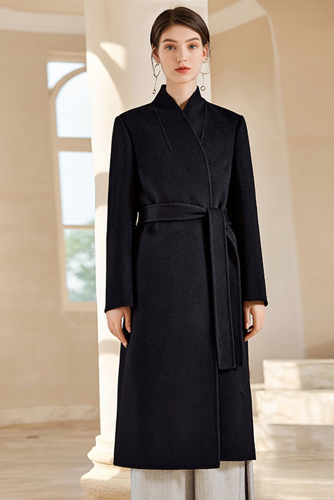 Handcrafted Double-Faced Cashmere Belted Wrap Coat Black / XL Fibflx