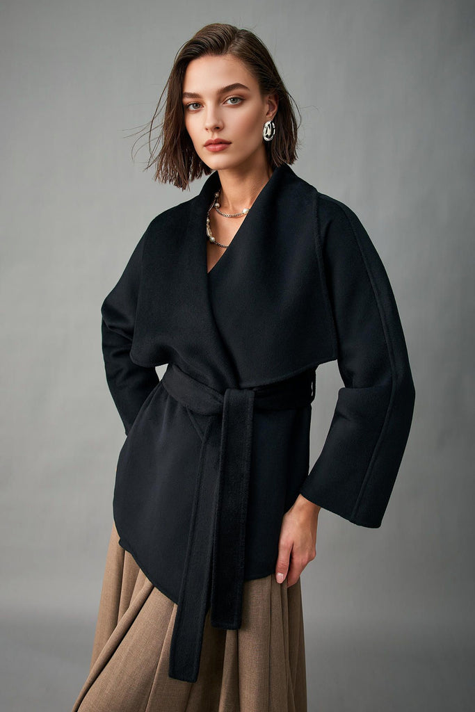 Handcrafted Double-Faced Cashmere Draped Collar Short Wrap Coat Black / XL Fibflx