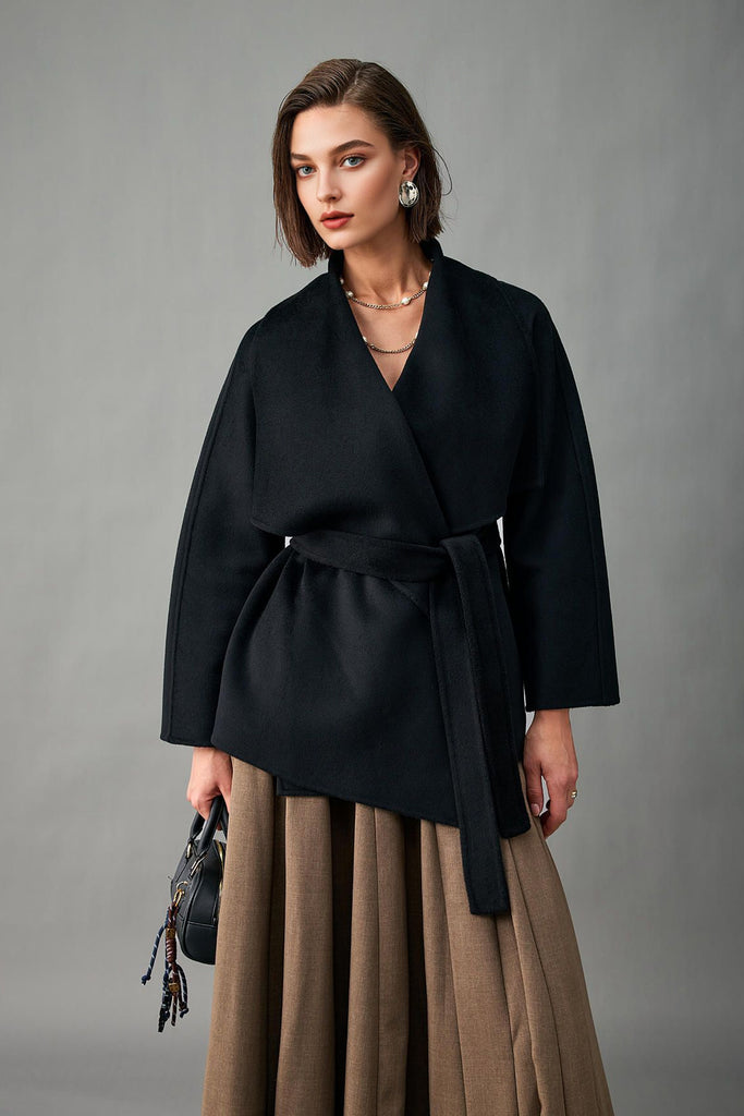 Handcrafted Double-Faced Cashmere Draped Collar Short Wrap Coat  Fibflx