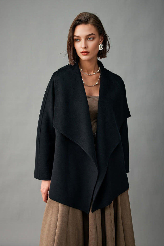 Handcrafted Double-Faced Cashmere Draped Collar Short Wrap Coat  Fibflx
