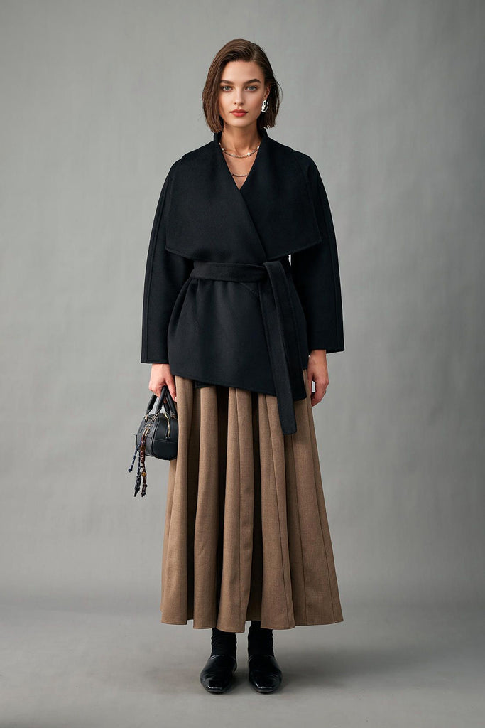 Handcrafted Double-Faced Cashmere Draped Collar Short Wrap Coat  Fibflx