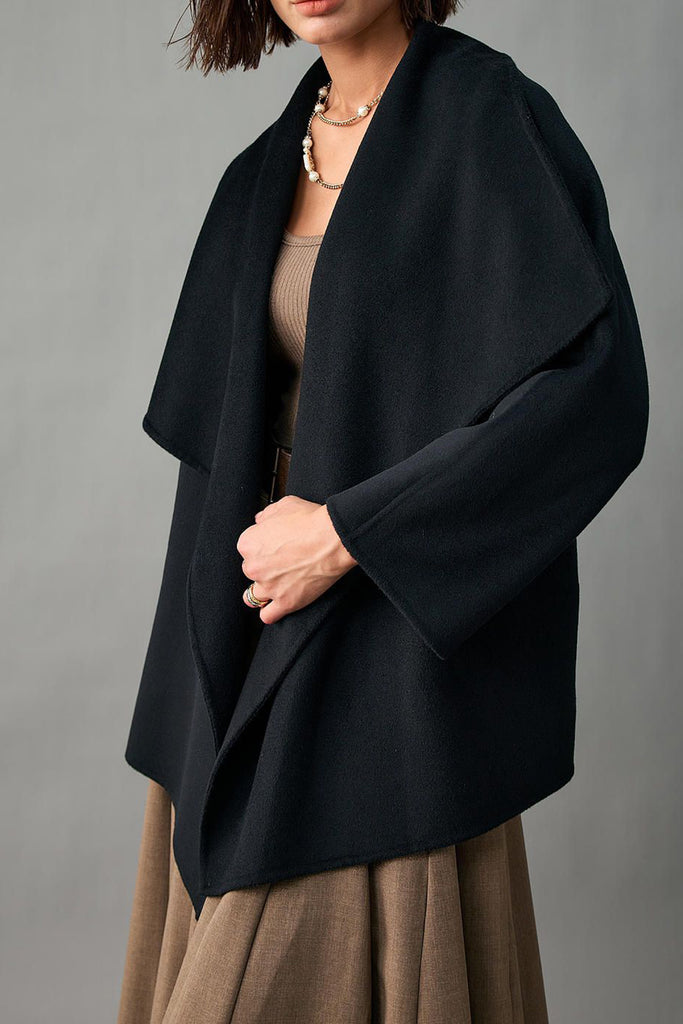 Handcrafted Double-Faced Cashmere Draped Collar Short Wrap Coat  Fibflx