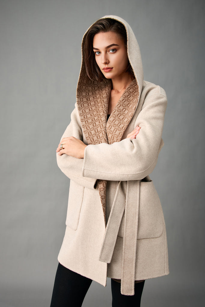 Handcrafted Double-Faced Cashmere Hooded Wrap Coat  Fibflx