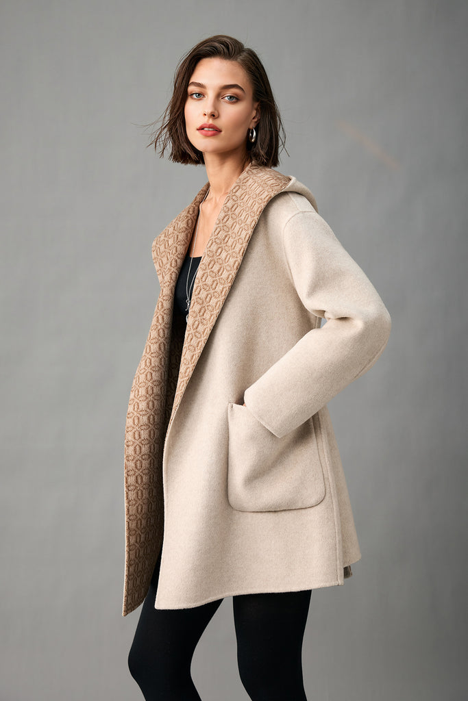 Handcrafted Double-Faced Cashmere Hooded Wrap Coat  Fibflx