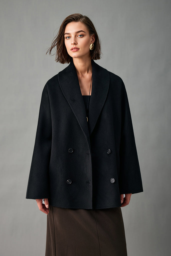 Handcrafted Double-Faced Cashmere Shawl-Collar Peacoat  Fibflx