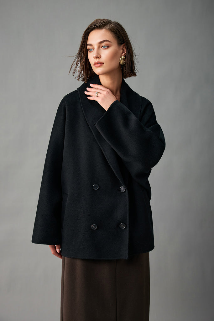 Handcrafted Double-Faced Cashmere Shawl-Collar Peacoat  Fibflx