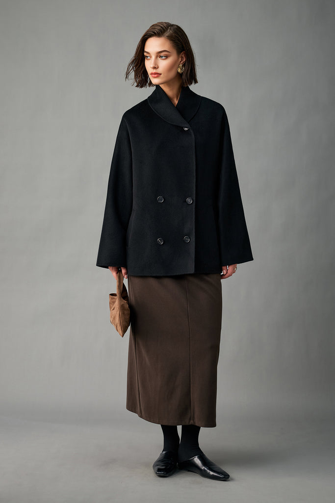 Handcrafted Double-Faced Cashmere Shawl-Collar Peacoat  Fibflx