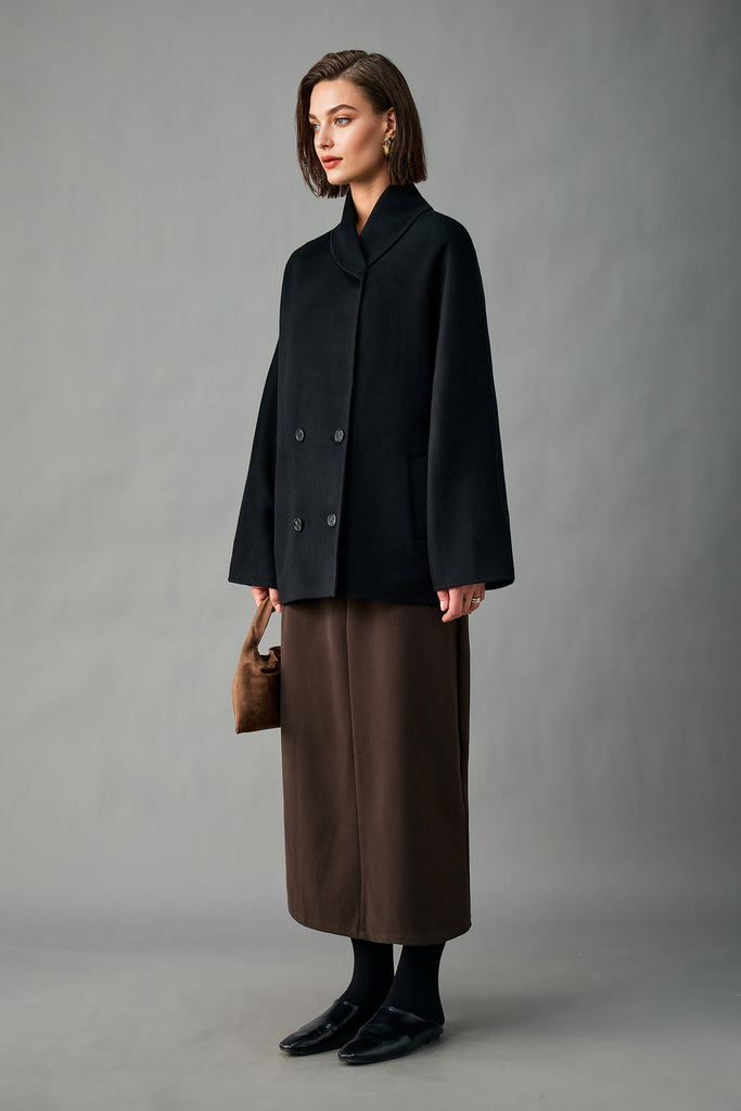 Handcrafted Double-Faced Cashmere Shawl-Collar Peacoat  Fibflx