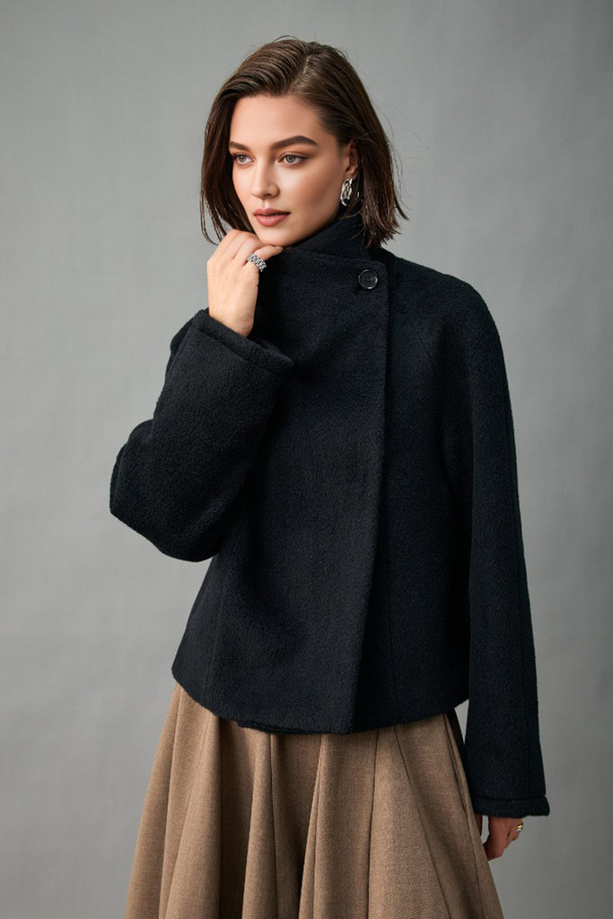 Handcrafted Peruvian Alpaca Wool Asymmetric Short Stand-Collar Coat  Fibflx