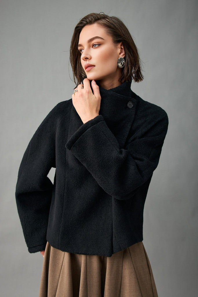 Handcrafted Peruvian Alpaca Wool Asymmetric Short Stand-Collar Coat  Fibflx