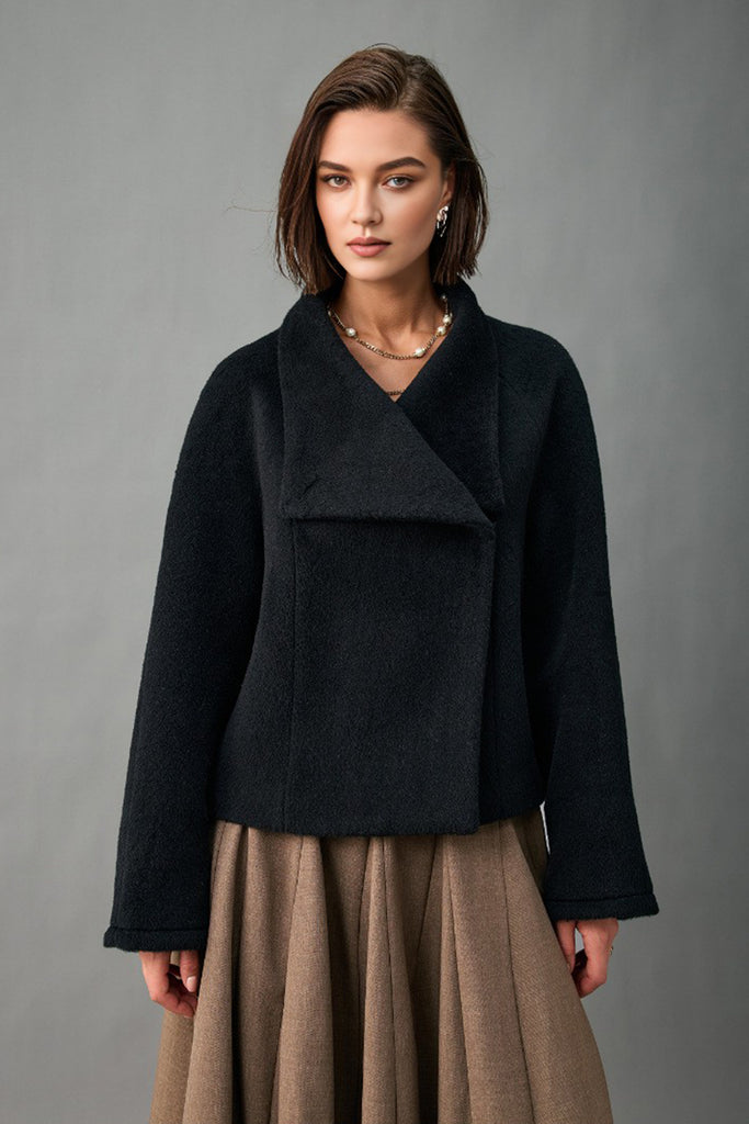 Handcrafted Peruvian Alpaca Wool Asymmetric Short Stand-Collar Coat  Fibflx
