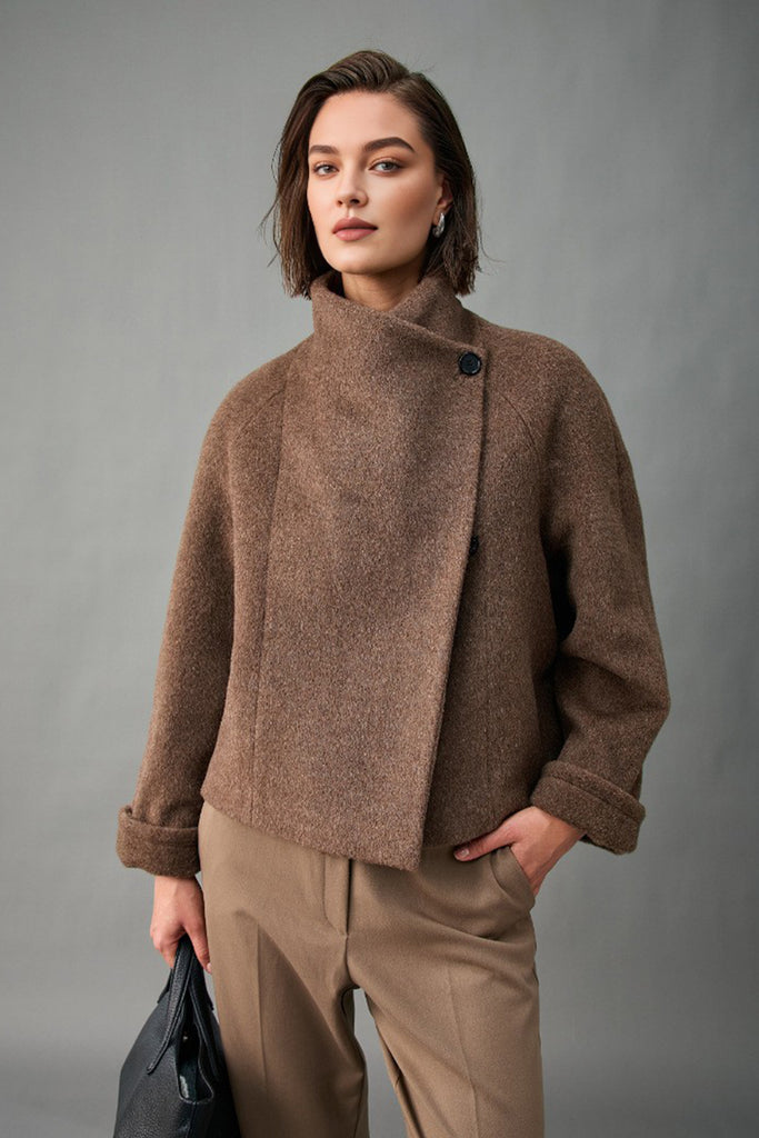 Handcrafted Peruvian Alpaca Wool Asymmetric Short Stand-Collar Coat  Fibflx