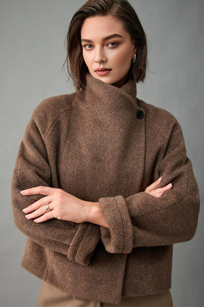 Handcrafted Peruvian Alpaca Wool Asymmetric Short Stand-Collar Coat  Fibflx