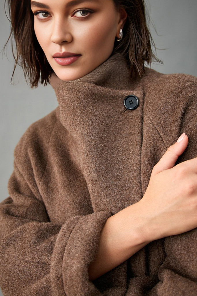 Handcrafted Peruvian Alpaca Wool Asymmetric Short Stand-Collar Coat  Fibflx