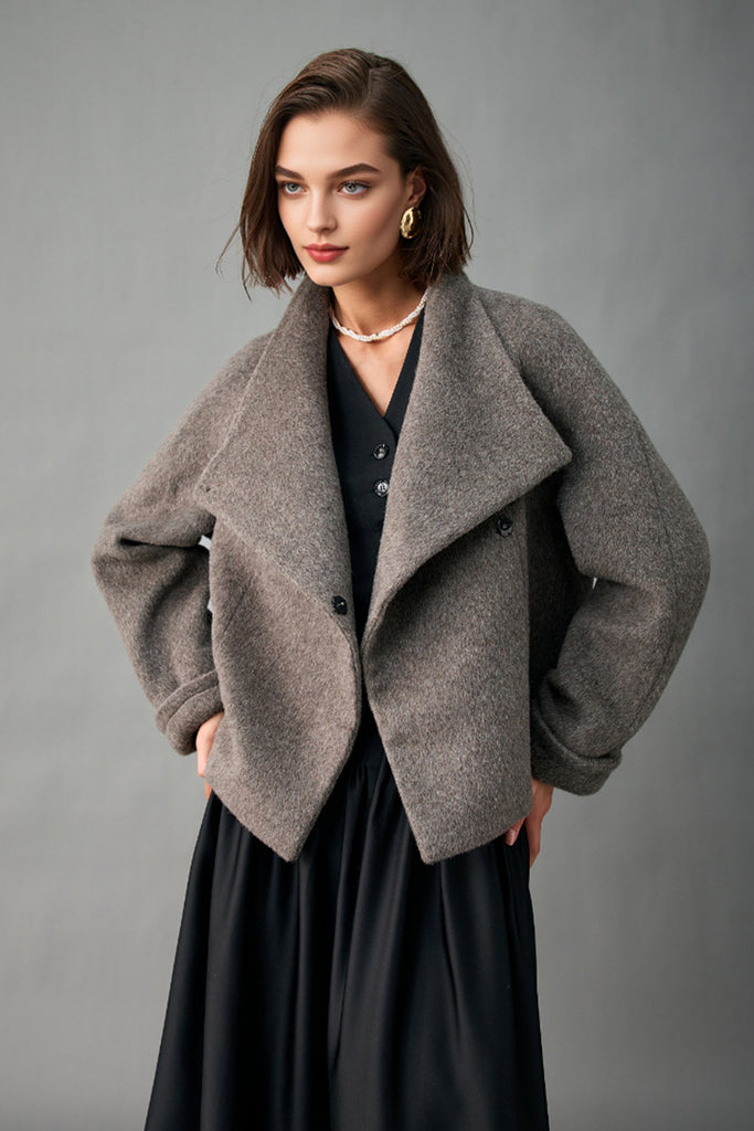 Handcrafted Peruvian Alpaca Wool Asymmetric Short Stand-Collar Coat  Fibflx