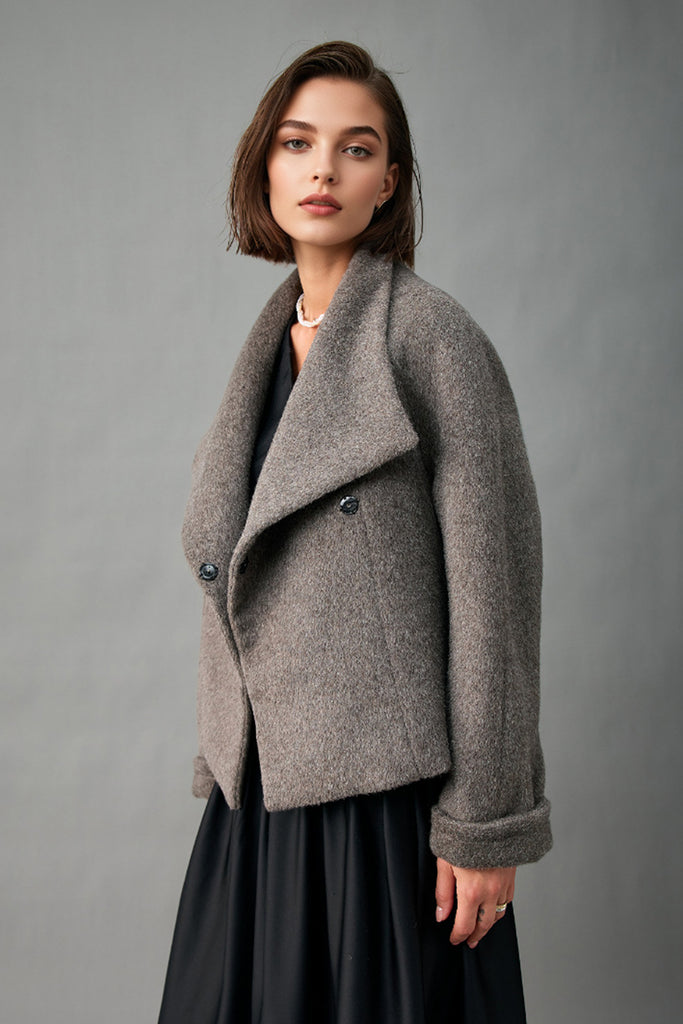 Handcrafted Peruvian Alpaca Wool Asymmetric Short Stand-Collar Coat  Fibflx