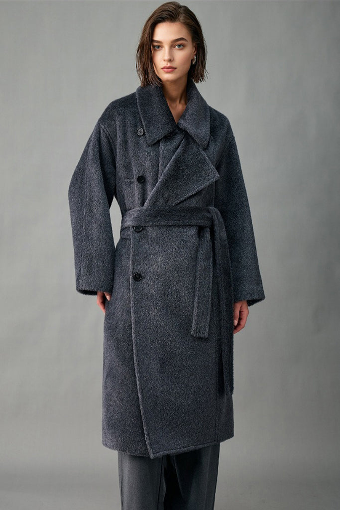 Handcrafted Royal Baby Suri Alpaca Wool Double-Breasted Belted Coat  Fibflx