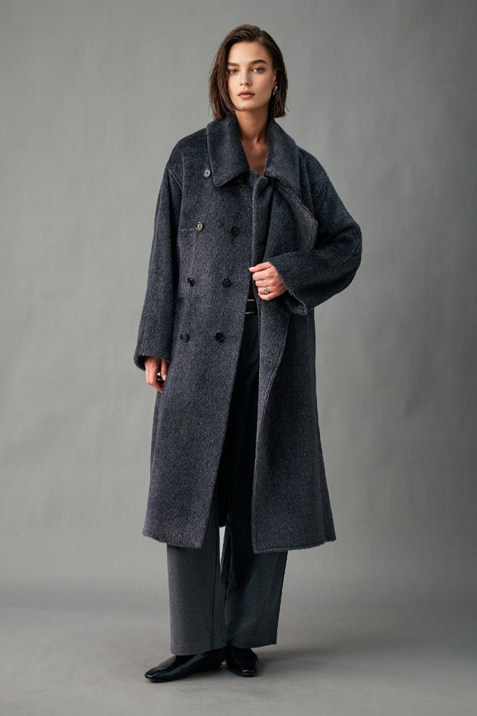 Handcrafted Royal Baby Suri Alpaca Wool Double-Breasted Belted Coat  Fibflx