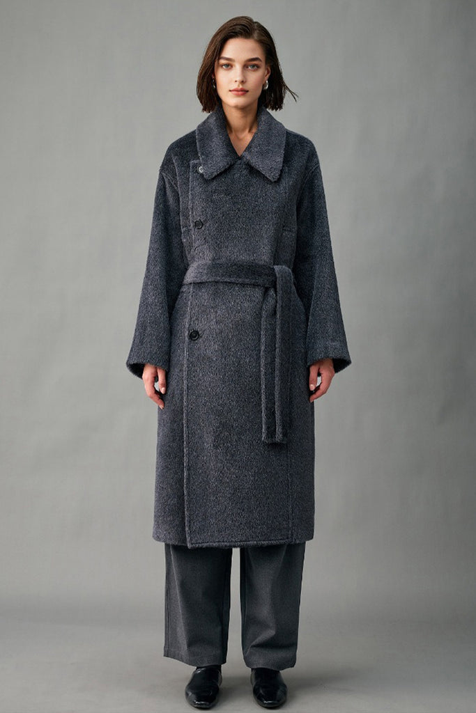 Handcrafted Royal Baby Suri Alpaca Wool Double-Breasted Belted Coat  Fibflx