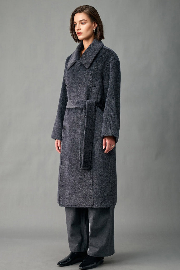 Handcrafted Royal Baby Suri Alpaca Wool Double-Breasted Belted Coat  Fibflx