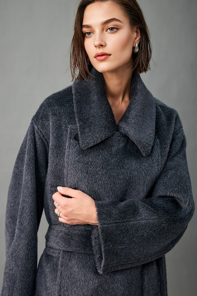 Handcrafted Royal Baby Suri Alpaca Wool Double-Breasted Belted Coat  Fibflx