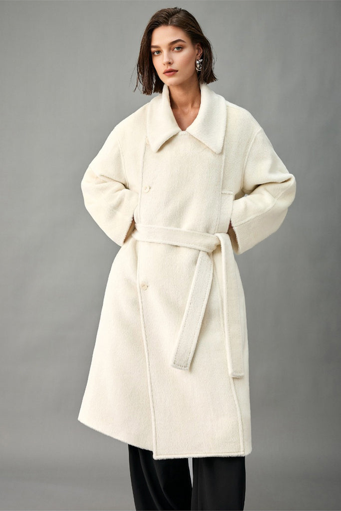 Handcrafted Royal Baby Suri Alpaca Wool Double-Breasted Belted Coat  Fibflx