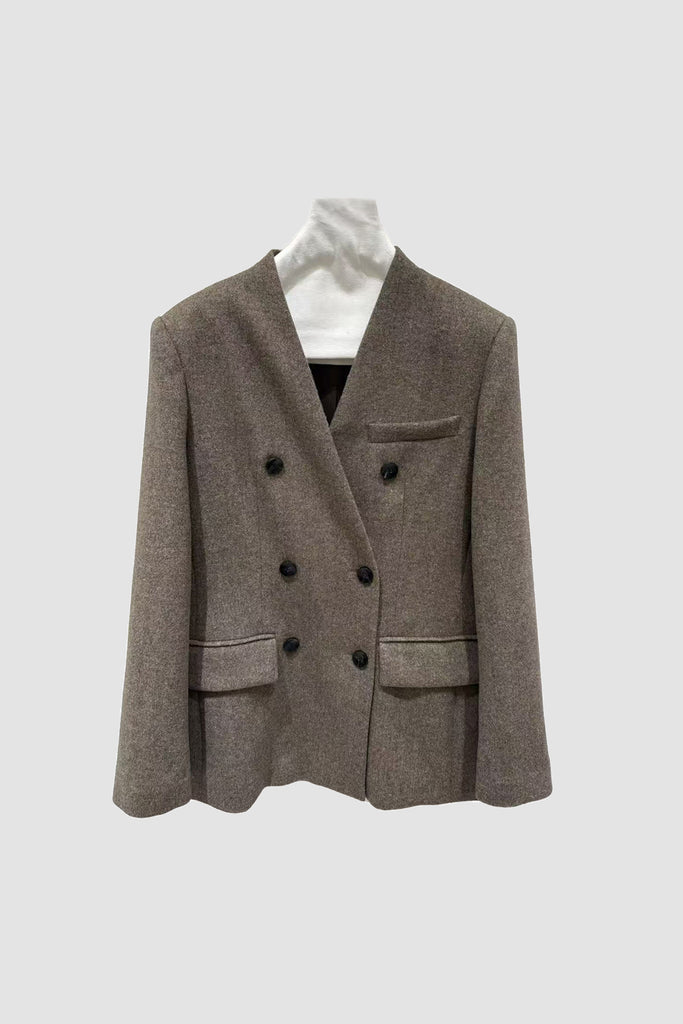 Herringbone Cashmere-Wool Double-Breasted V-Neck Blazer Espresso Brown / L / 50% Wool 20% Cashmere 30% Rec Fibflx