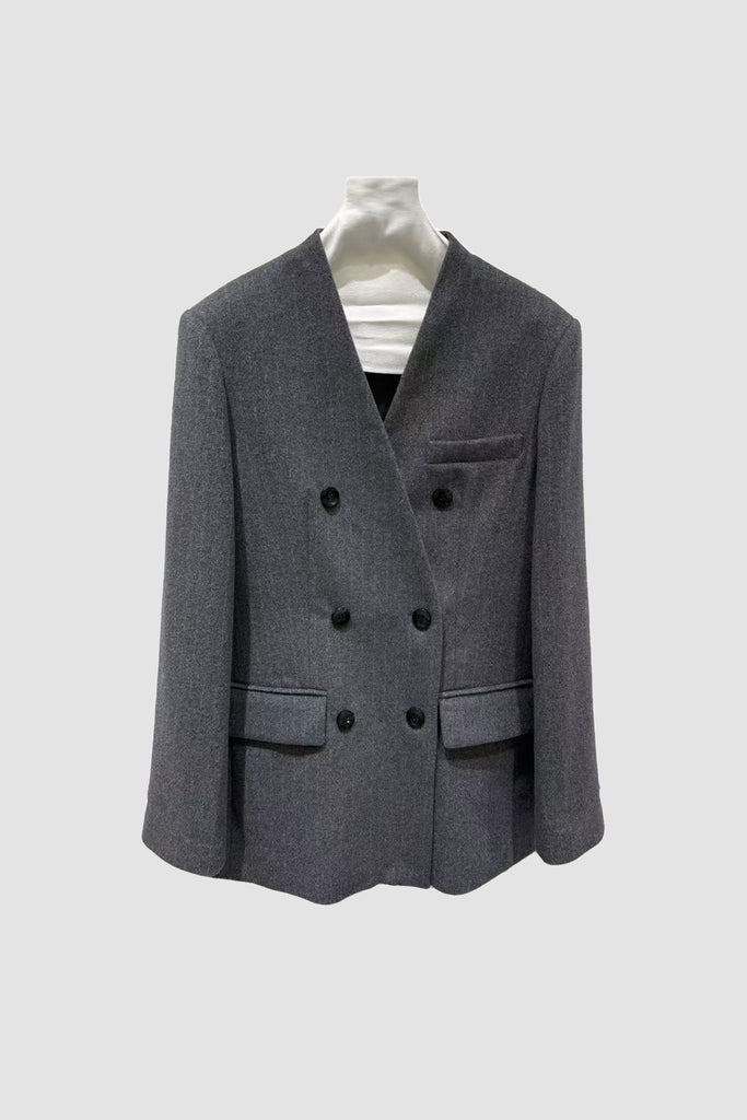 Herringbone Cashmere-Wool Double-Breasted V-Neck Blazer Heather Dark Grey / L / 50% Wool 20% Cashmere 30%  Fibflx