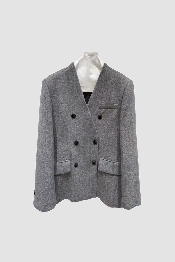 Herringbone Cashmere-Wool Double-Breasted V-Neck Blazer Millstone Grey / L / 50% Wool 20% Cashmere 30% Rec Fibflx