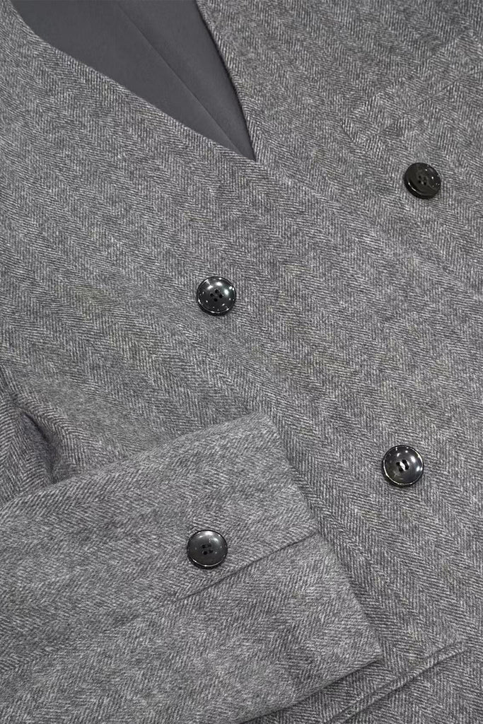 Herringbone Cashmere-Wool Double-Breasted V-Neck Blazer  Fibflx