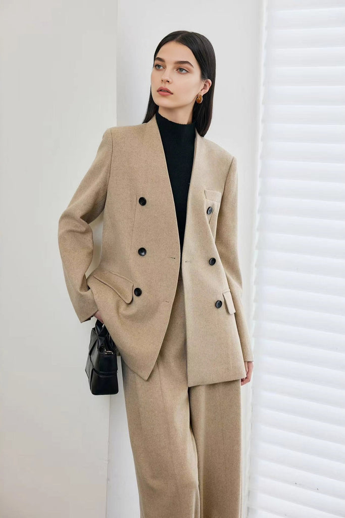 Herringbone Cashmere-Wool Double-Breasted V-Neck Blazer Oak Beige / L / 50% Wool 20% Cashmere 30% Recycled Fibflx