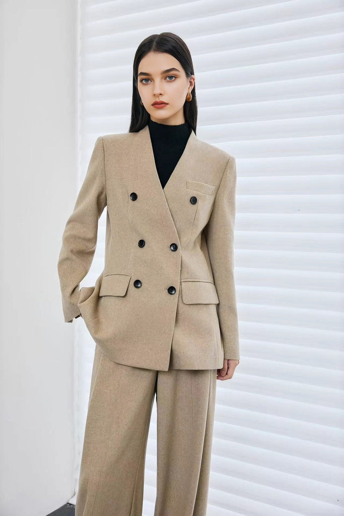 Herringbone Cashmere-Wool Double-Breasted V-Neck Blazer  Fibflx