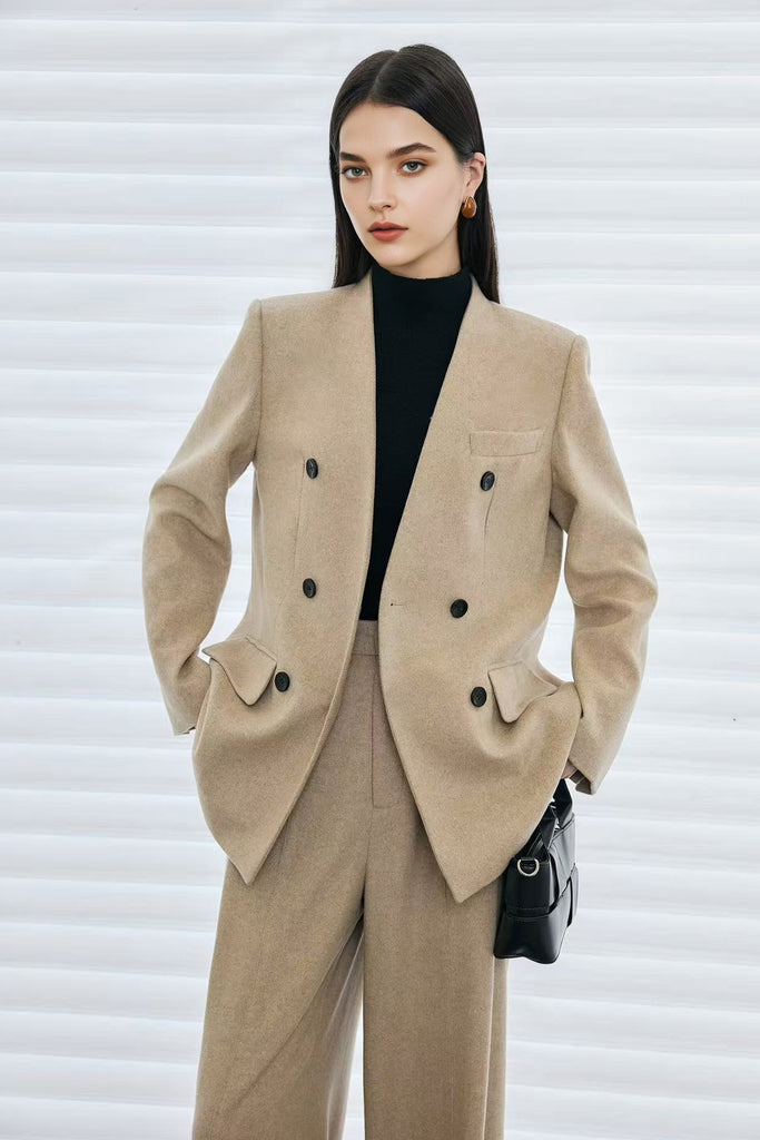 Herringbone Cashmere-Wool Double-Breasted V-Neck Blazer  Fibflx