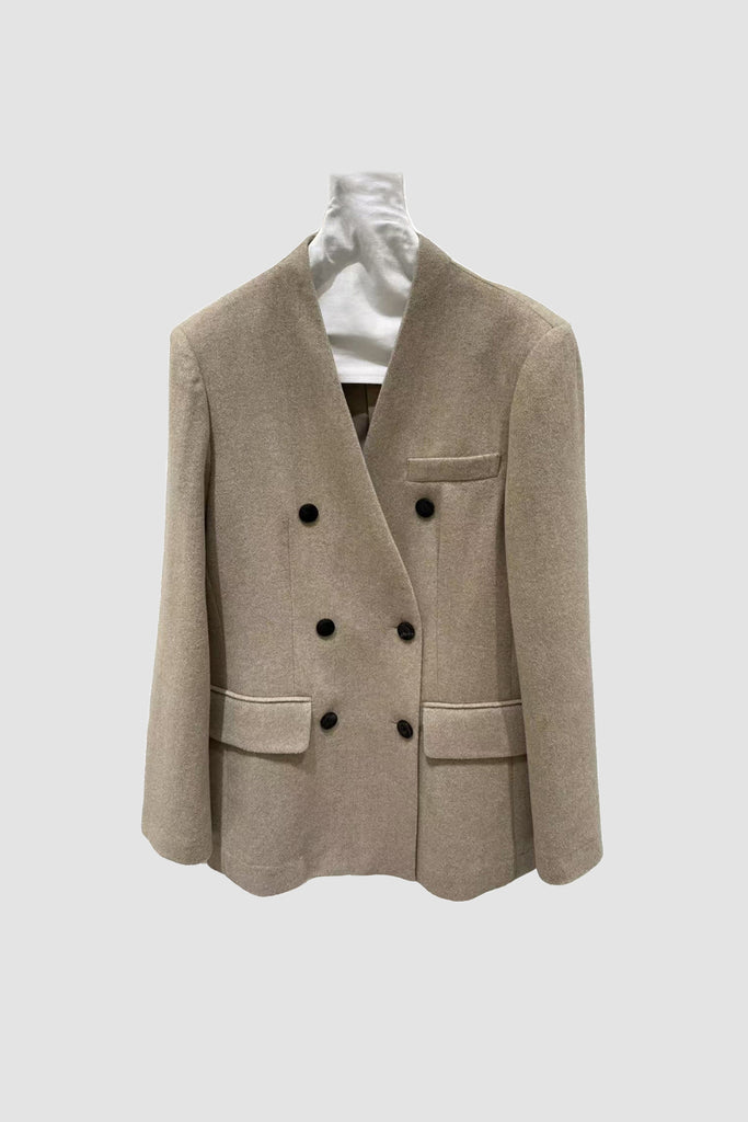 Herringbone Cashmere-Wool Double-Breasted V-Neck Blazer  Fibflx