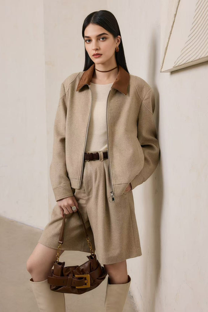 Herringbone Cashmere-Wool Double-Zip Bomber Jacket  Fibflx