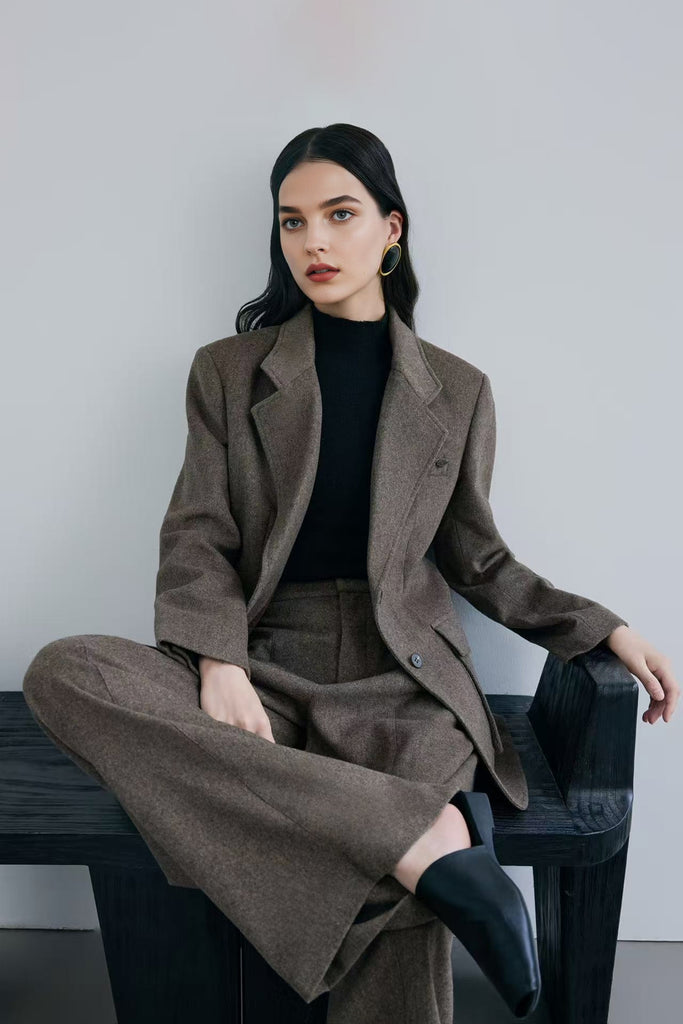 Herringbone Cashmere-Wool High-Rise Wide-Leg Pants  Fibflx