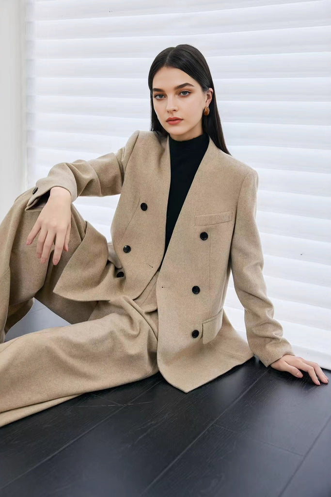 Herringbone Cashmere-Wool High-Rise Wide-Leg Pants  Fibflx