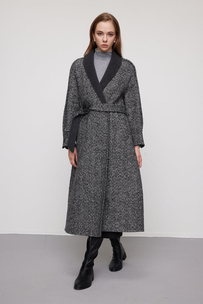 Herringbone Tweed Wool Belted Wrap Coat  Fibflx