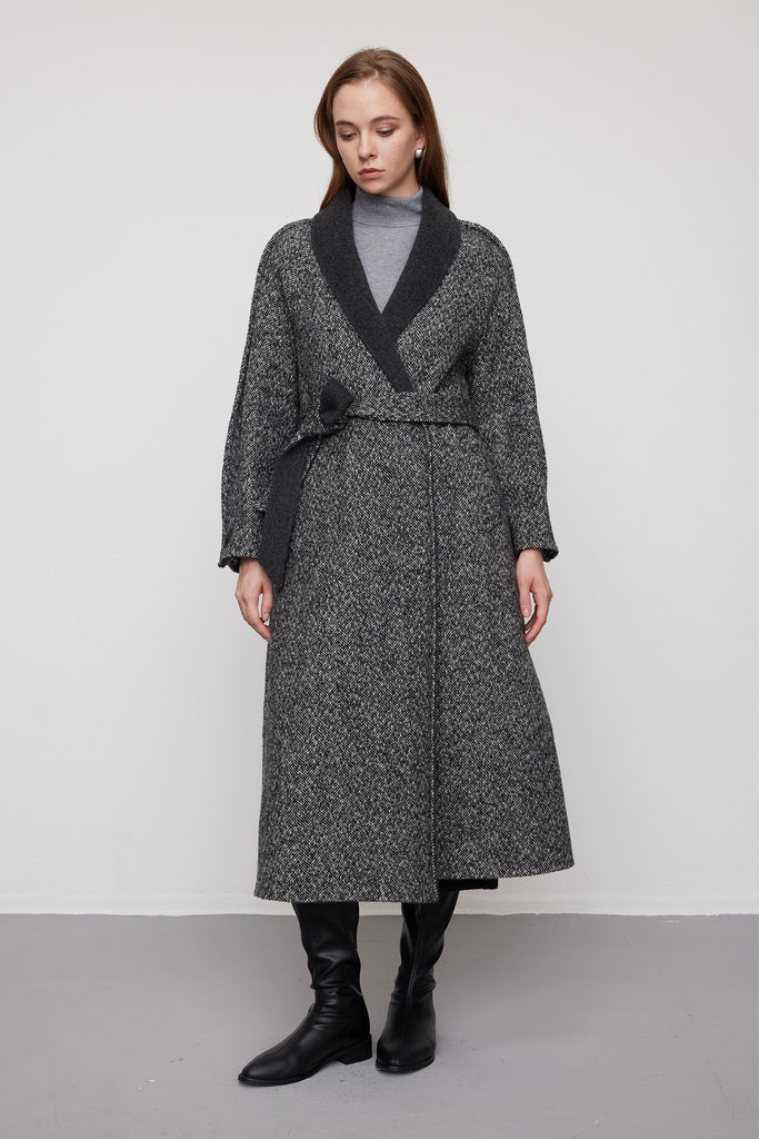 Herringbone Tweed Wool Belted Wrap Coat  Fibflx