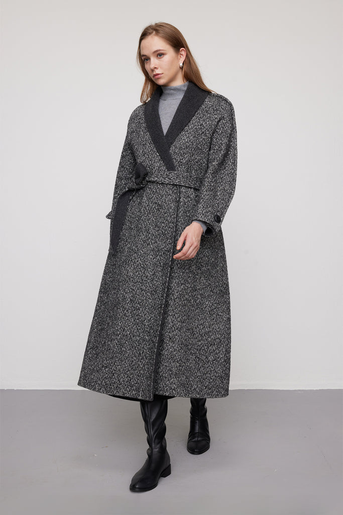 Herringbone Tweed Wool Belted Wrap Coat  Fibflx