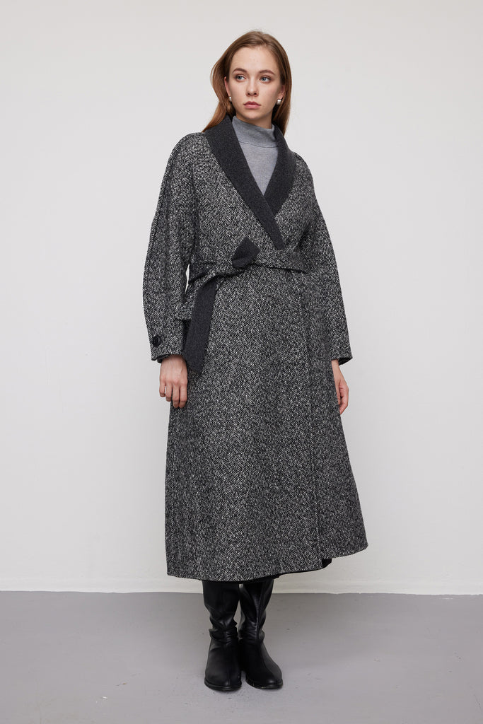 Herringbone Tweed Wool Belted Wrap Coat  Fibflx