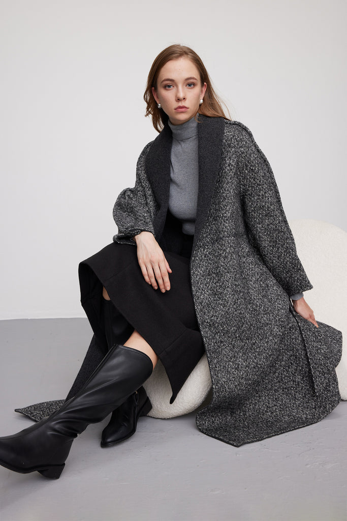 Herringbone Tweed Wool Belted Wrap Coat  Fibflx